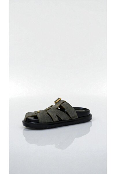 adelix Women's Suede Closed Strap Gold Detailed Slippers Green