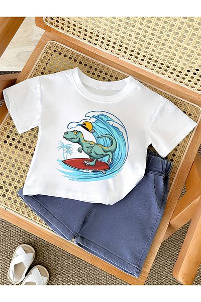 c.c.l. coccolin kids baby clup Boy's Dinosaur Printed Combed Cotton 2-Piece Bottom Top Elastic Waist Sulfur Denim Shorts T-Shirt Set