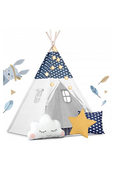 NUKIDO Cort de joaca pentru copii Montessori Tipi Bleumarin 120x120x165cm cadru din lemn,cu 3 pernut