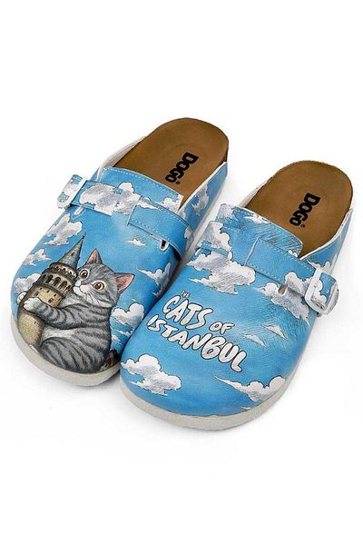 Dogo Women's Vegan Leather Blue Slippers - Galata Cat Design