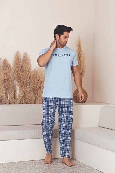 Ercan Erkek Kısa Kol Uzun Alt Ekose Desenli Açık Mavi Pijama Takımı