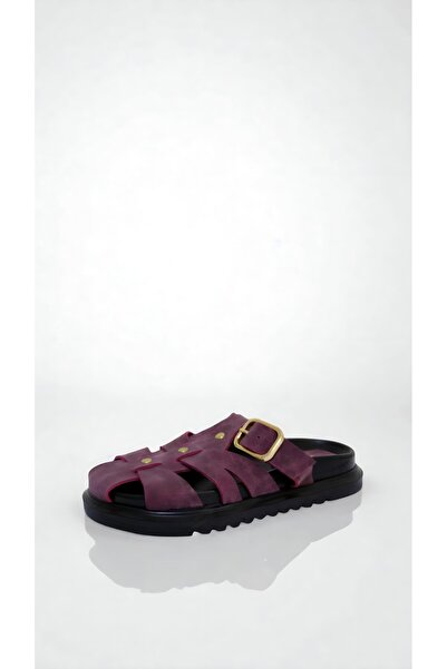 adelix Women's Suede Closed Strap Gold Detailed Slippers Fuchsia