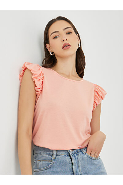 Styli Solid Ruffled Sleeves Round Neck T-Shirt