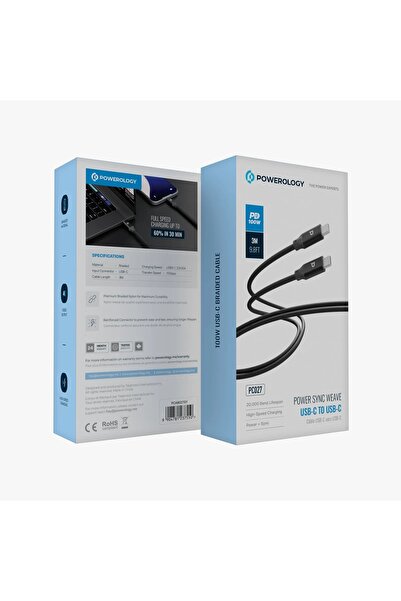 Powerology 100W USB-C to USB-C V3.1 5G Metal Plug Nylon Braided Cable 3 Meter