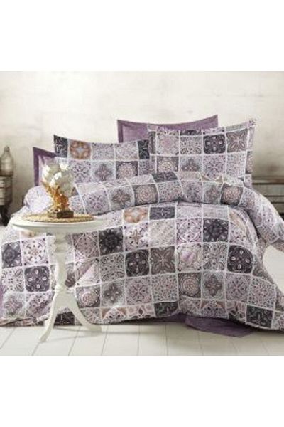 Ralex Double Bed Linen Set Cotton Ranforce 4 Pieces, Mov/Gri, Pucioasa