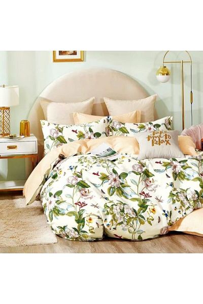 Ralex Double King Size Bedding Set 6 Pieces 100% Cotton Percale Beige/Green Wild Flowers