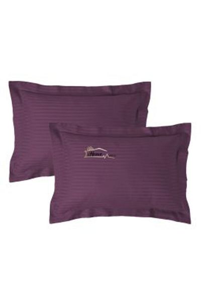 HomePuls Set 2 Pillowcases Damask Polycotton Stripe 1 cm, 50 x 70 cm and Border 3.5 cm, Purple