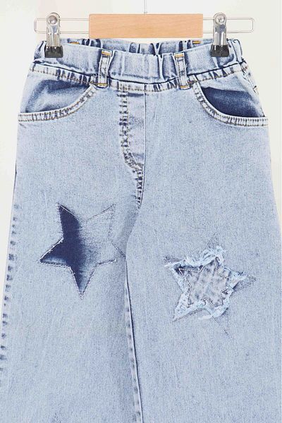 TOFİSA Girl's Ice Blue Star Denim Trousers - 27457