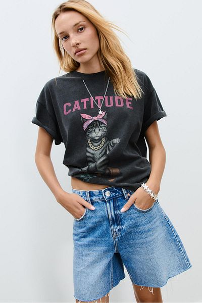 Stradivarius T-shirt with Catitude appliqué print