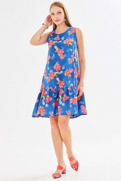 armonika Rochie de damă cu model albastru-floral, fără mâneci, cu fustă cu volane ARM-22K001142