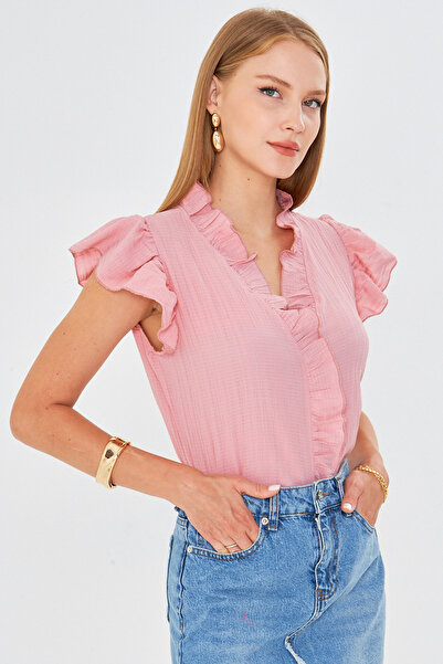 armonika Women's Powder Collar and Ruffled Sleeves Blouse Arm-25Y001063