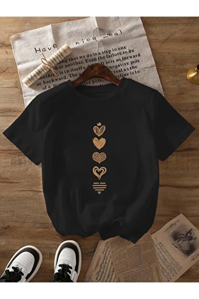 FUFLUNS Oversize Crew Neck T-Shirt with Hearts Print