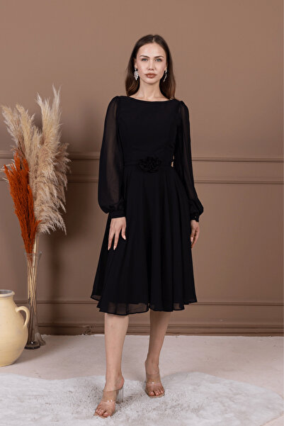 BEYBOS Sifon Kumaş Çiçek Detaylı Midi Elbise - SİYAH