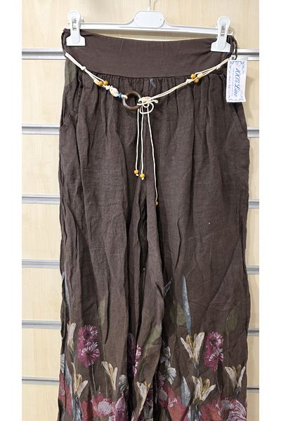 Park Moda Pantaloni din in italian cu model de flori cu centura
