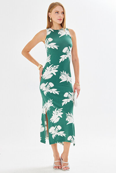 armonika Γυναικείο σκούρο πράσινο μακρύ φόρεμα με λαιμόκοψη με σχισμή ARM-23Y001090