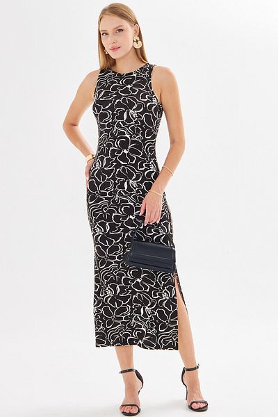 armonika Rochie lungă neagră florală pentru femei, cu decolteu O, fără mâneci, cu fantă ARM-23Y001090