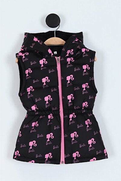 Barbie siyah renk baskılı belden lastikli kapüşonlu kız coçuk şişme yelek