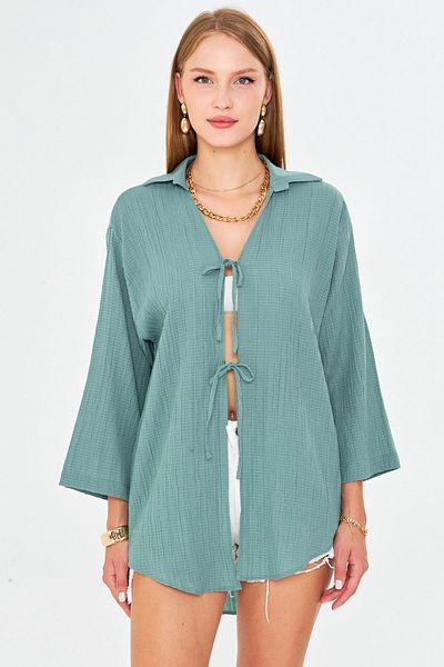 armonika Women's Light Turquoise Shirt Collar Front Lace-Up Kimono Shirt Arm-25K001006