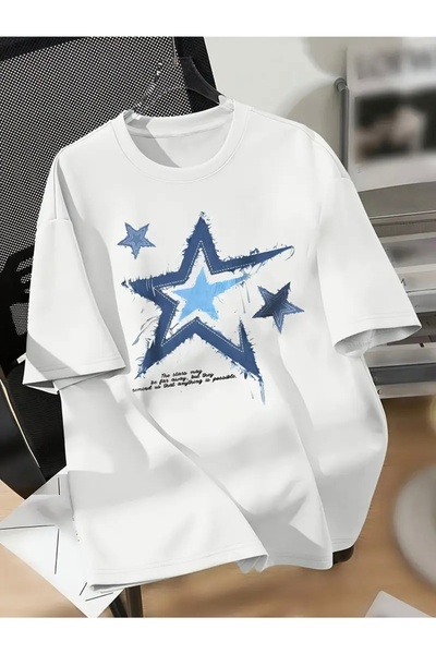 FUFLUNS تي شيرت برقبة دائرية كبيرة الحجم مطبوع عليه نجوم