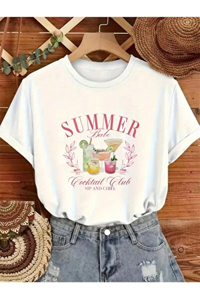 FUFLUNS تي شيرت صيفي مطبوع برقبة دائرية كبيرة الحجم