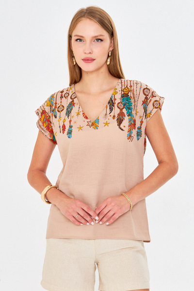 armonika Γυναικεία πέτρινη μπλούζα με στάμπα V λαιμόκοψη ARM-25Y001086