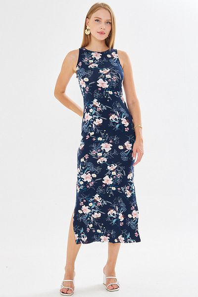 armonika Rochie lungă de damă, cu decolteu, fără mâneci, cu fante, cu flori bleumarin ARM-23Y001090