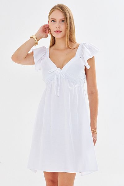 armonika Women's White V Neckline Sleeves and Ruffled Skirt Tie-Up Dress Arm-25Y001083