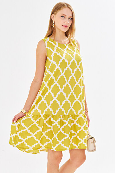 armonika Women's Oil Green Patterned Sleeveless Skirt Ruffle Dress Arm-22K001142