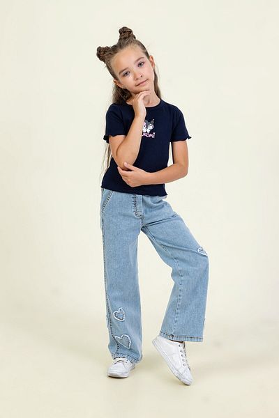 Dmb Elastic Waist Comfortable Cut Loose Leg Heart Embroidery Detailed Girl's Jean Jeans Trousers