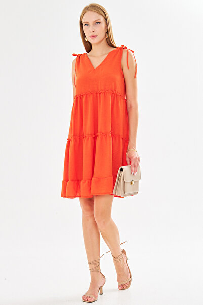 armonika Women's Orange V Neck Ruffle Sleeveless Shoulder Tie Dress Arm-25Y001061