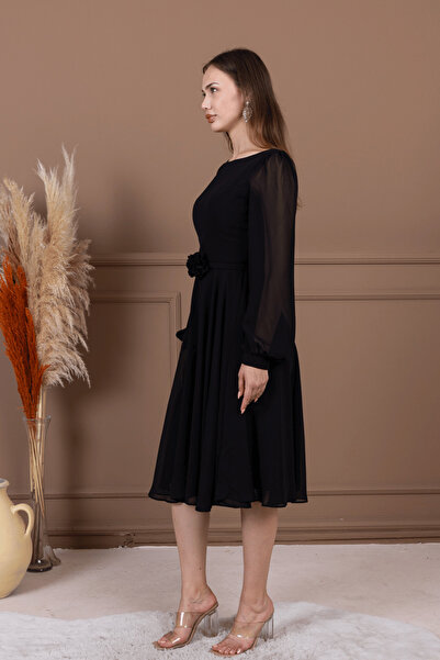 BEYBOS Sifon Kumaş Çiçek Detaylı Midi Elbise - SİYAH