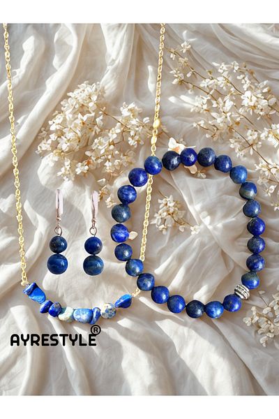 ayrestyle Lapis Lazuli Natural Stone Jewelry Set - Necklace, Bracelet and Earrings - Stylish Bijoux Set of 3