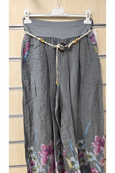 Park Moda Pantaloni din in italian cu model de flori cu centura