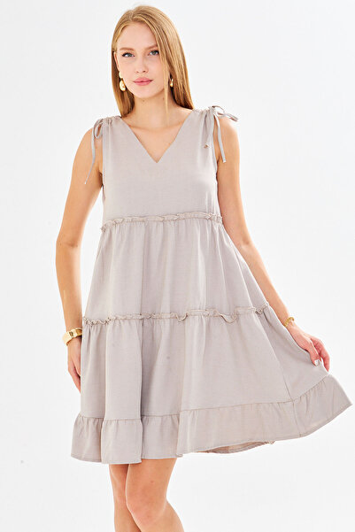 armonika Γυναικείο φόρεμα με βολάν με λαιμόκοψη V με βολάν χωρίς μανίκια με δέσιμο ARM-25Y001061