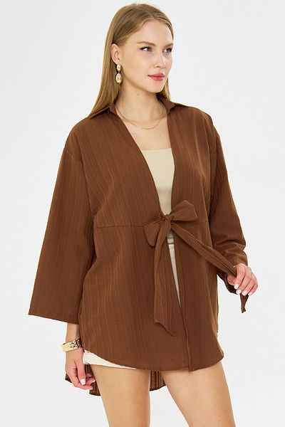 armonika Cămașă kimono cu cravată în față, maro deschis, cu dungi, ARM-24Y001101