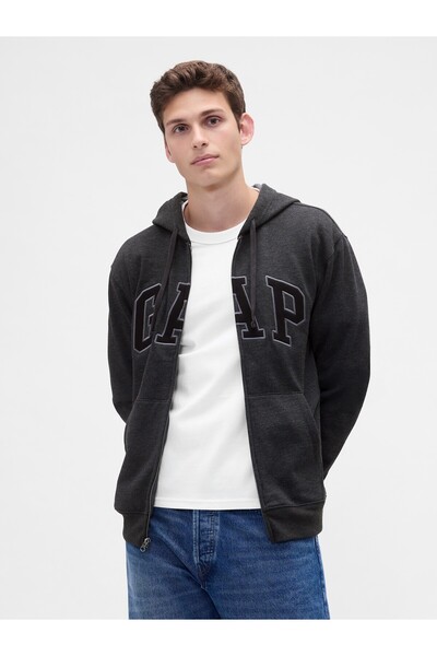 GAP Erkek Koyu Gri Logo Kapüşonlu Sweatshirt