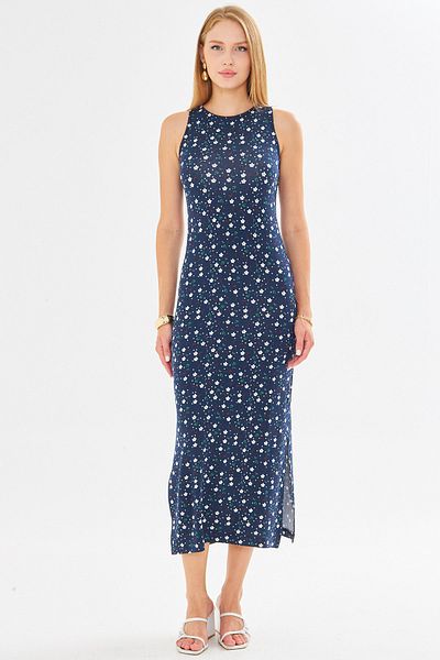 armonika Rochie lungă de damă, albastru-marin-alb, cu decolteu O, fără mâneci, cu fante ARM-23Y001090