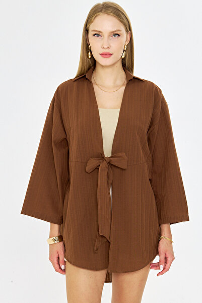 armonika Women's Light Brown Self Striped Front Tie Kimono Shirt Arm-24Y001101