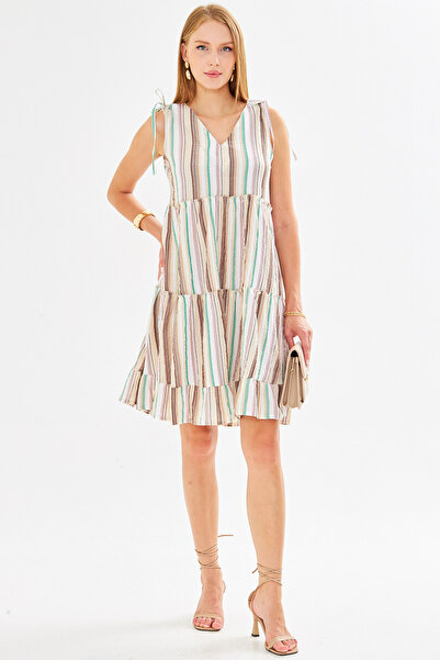 armonika Γυναικείο φόρεμα με πέτρινο λαιμό V με βολάν αμάνικο με δεμένο ώμο ARM-25Y001061