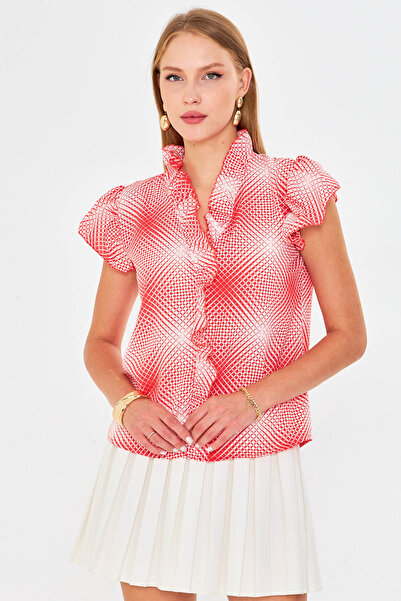 armonika Women's Red-White Ruffled Collar and Sleeves Blouse Arm-25Y001028
