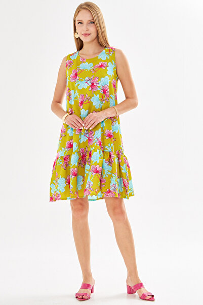 armonika Γυναικείο φόρεμα με βολάν με τιρκουάζ-ροζ μοτίβο αμάνικο φούστα ARM-22K001142