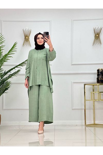 NİSUM MODA Linen Look Casual Suit with Pockets