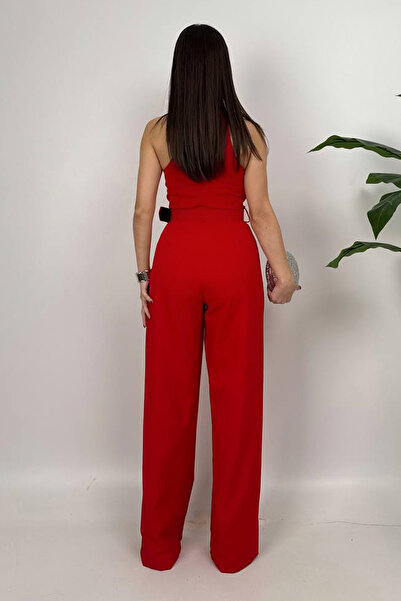 Dolcha Amber Kadın Kemer Detaylı Askılı Bol Paça Kırmızı Tulum – Rahat Şık Yazlık Kombin