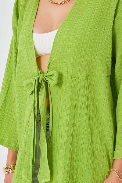 armonika Women's Pistachio Green Self Striped Front Tie Kimono Shirt Arm-24Y001101