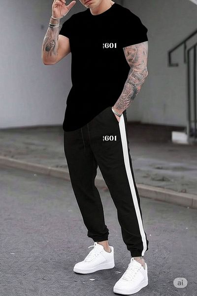 NO 601 Men's Black Oval Slimfit T-Shirt No601 Printed Side Piece Tight Sweatpants Bottom Set
