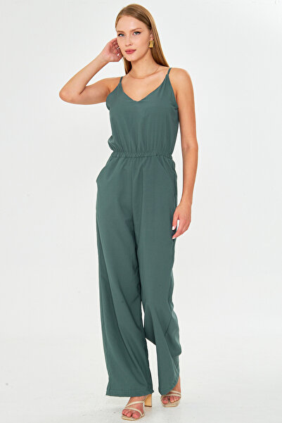 armonika Women's Turquoise Front Back V Neck Strap Elastic Waist Pocket Lined Jumpsuit Arm-24Y001100