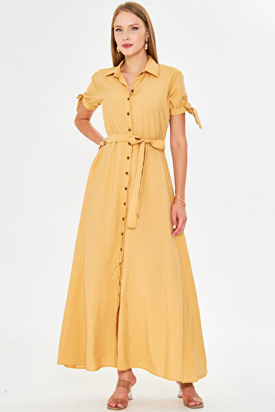 armonika Women's Yellow Sleeve Tie Waist Belted Shirt Dress Arm-23Y001004
