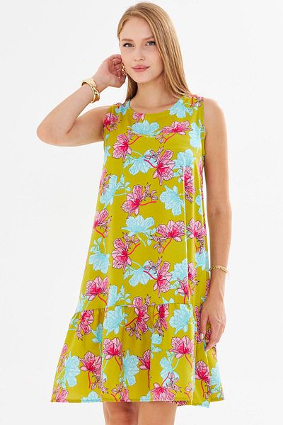 armonika Rochie cu volane pentru femei, turcoaz-roz, cu model, fără mâneci ARM-22K001142
