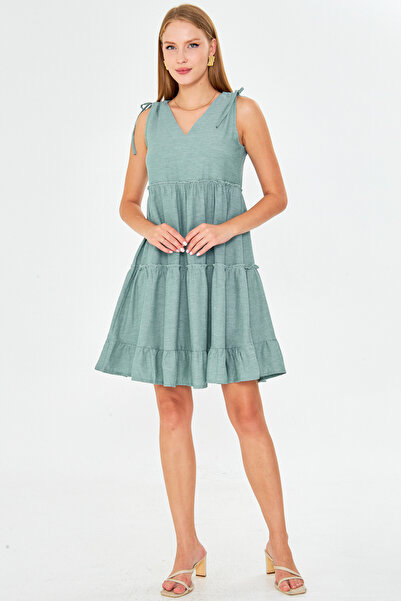 armonika Γυναικείο Σκούρο Πράσινο Φόρεμα με βολάν με λαιμόκοψη V με αμάνικο δεμένο με τον ώμο ARM-25Y001061