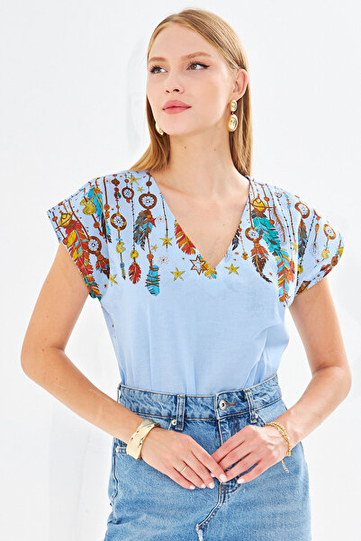 armonika Bluză de damă, albastru bebeluș, cu decolteu în V, imprimată ARM-25Y001086
